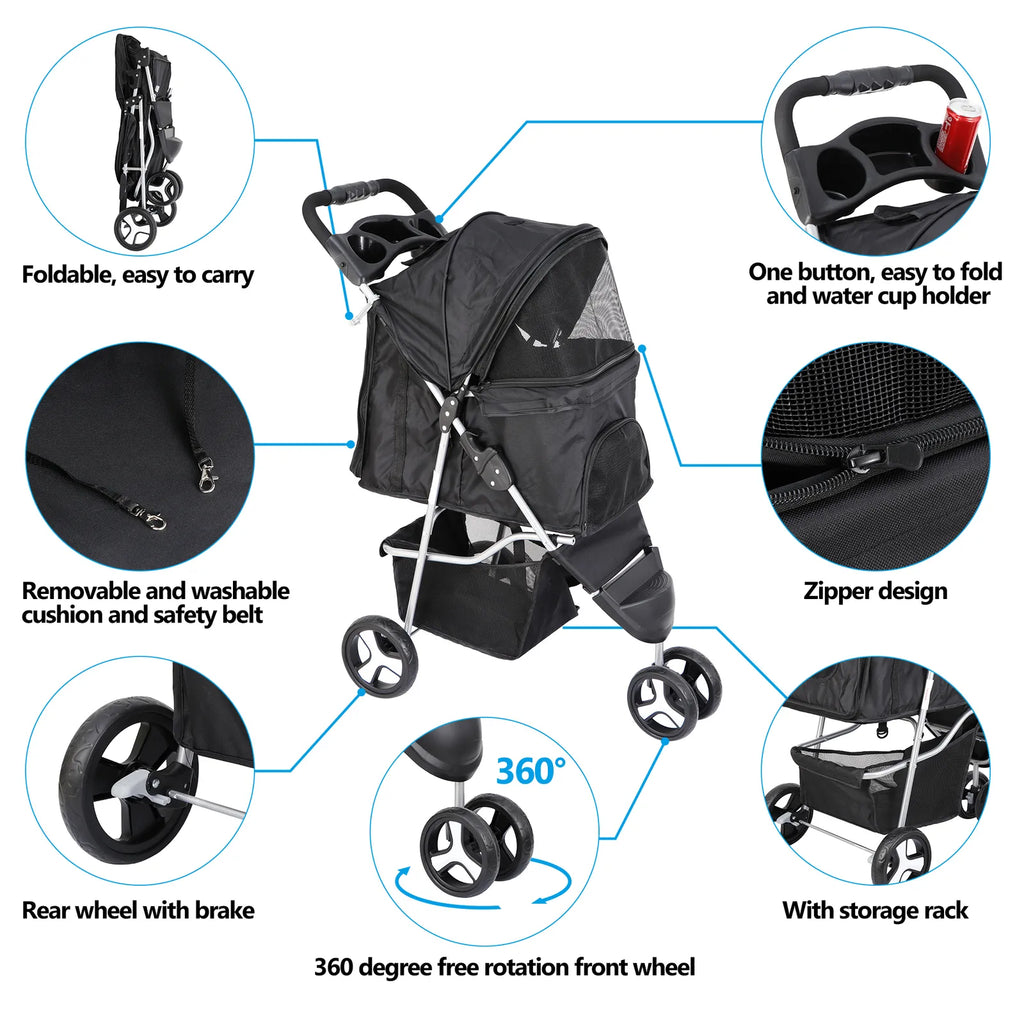 Pet Jogging Stroller with Cup Holder Black