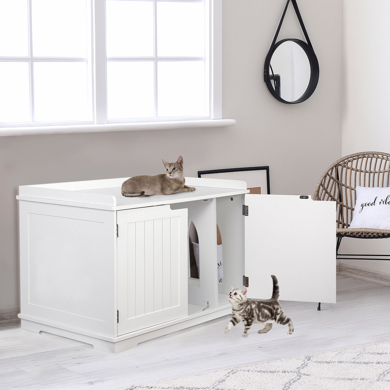 Wooden Cat Litter Box Cover Enclosure Cabinet Storage Furniture White
