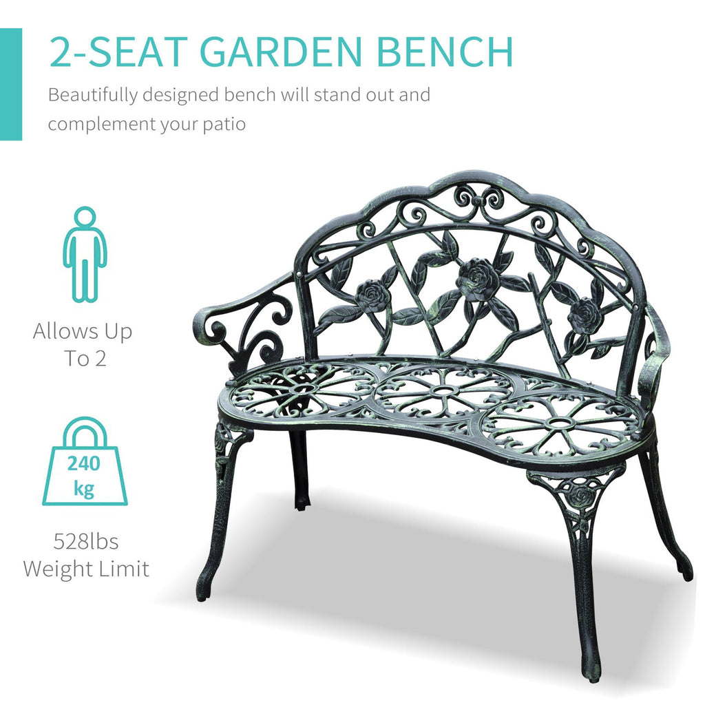 Cast Aluminum Outdoor Bench For Patio & Garden w/ Antique Rose Design