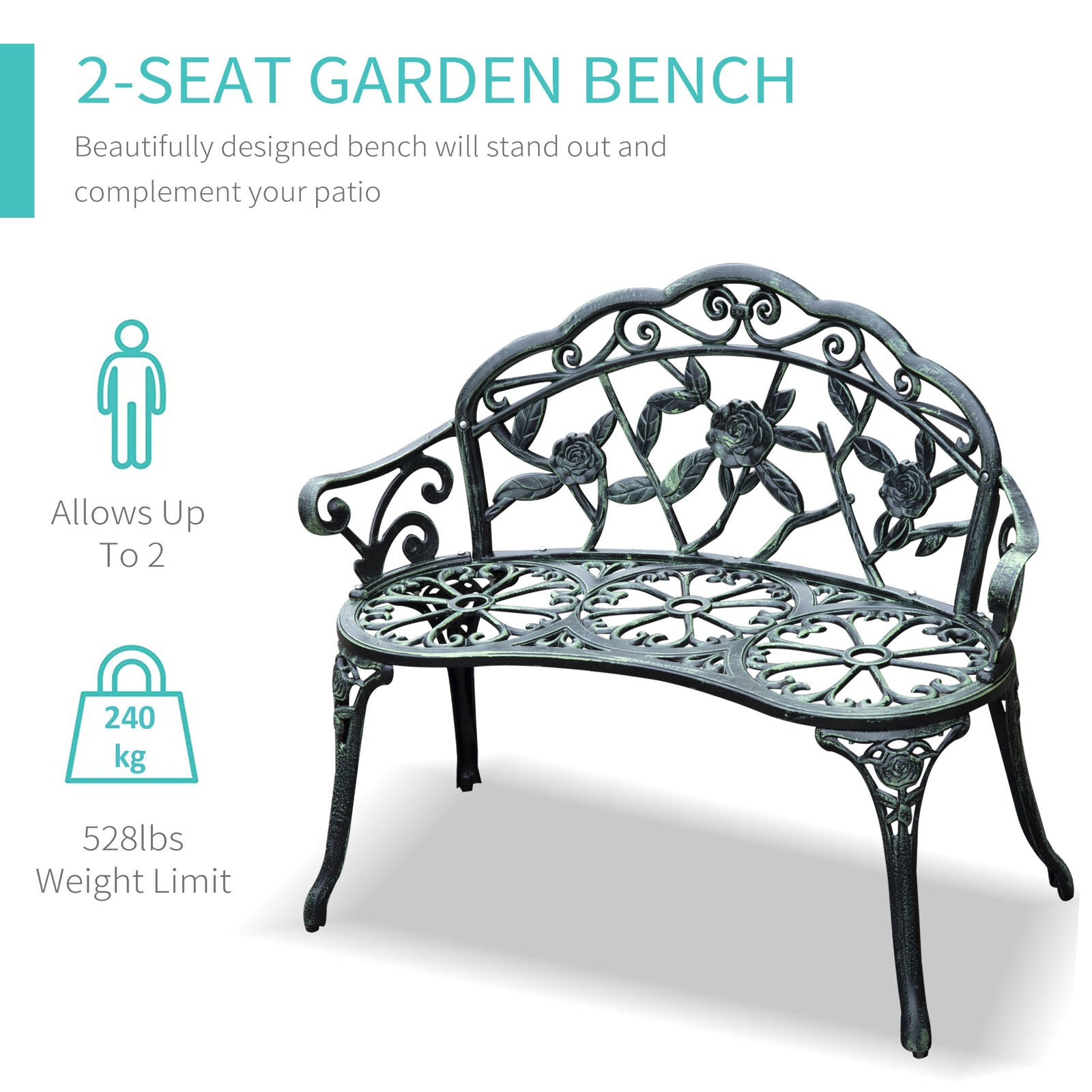 Cast Aluminum Outdoor Bench For Patio & Garden w/ Antique Rose Design