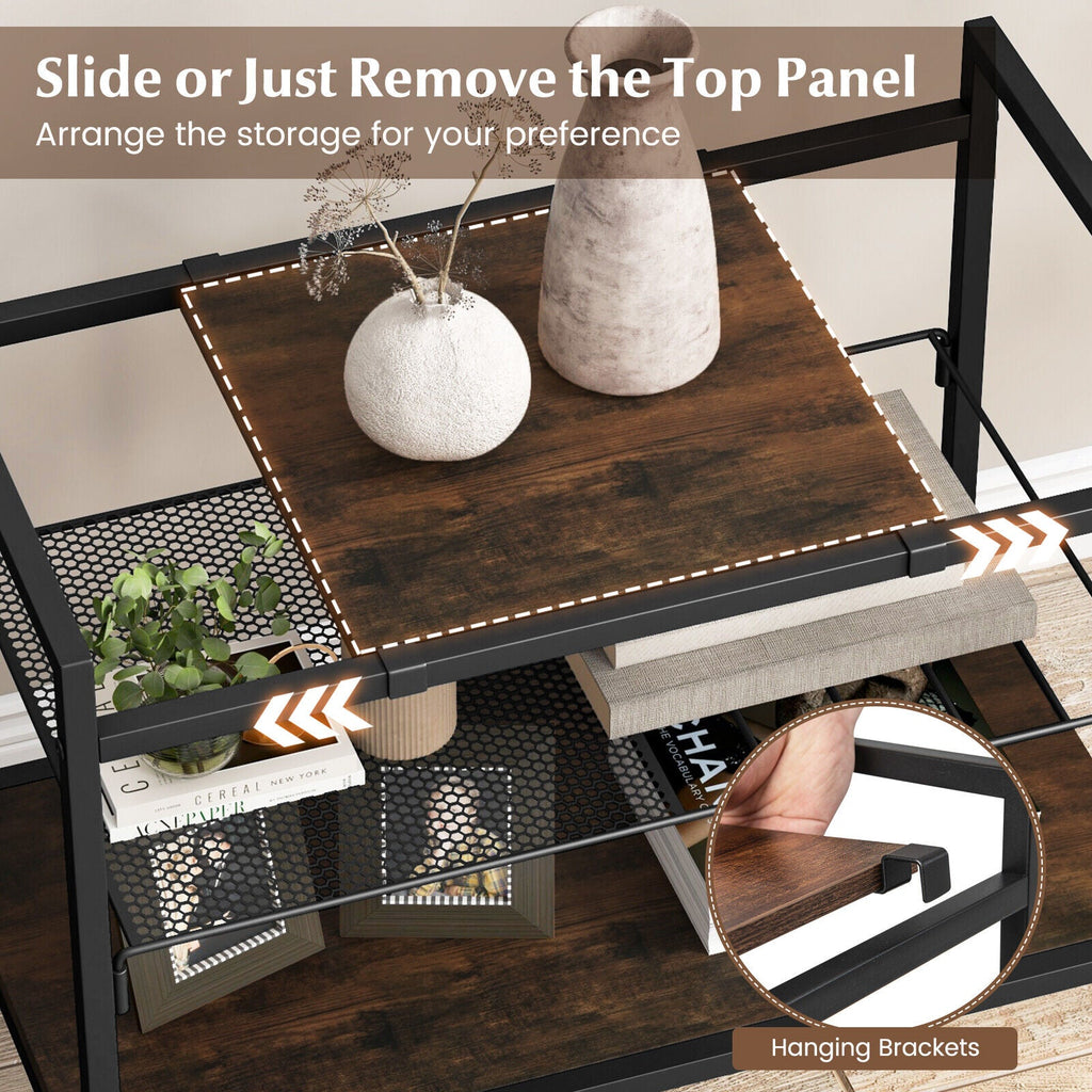 3-Tier Industrial Entryway Table with Removable Panel & Mesh Shelf