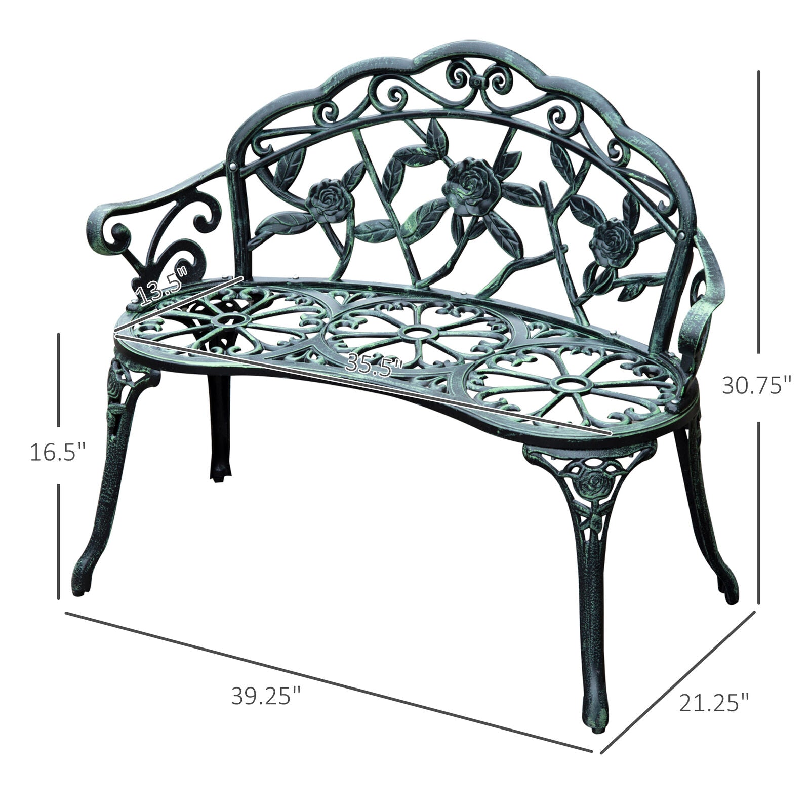 Cast Aluminum Outdoor Bench For Patio & Garden w/ Antique Rose Design