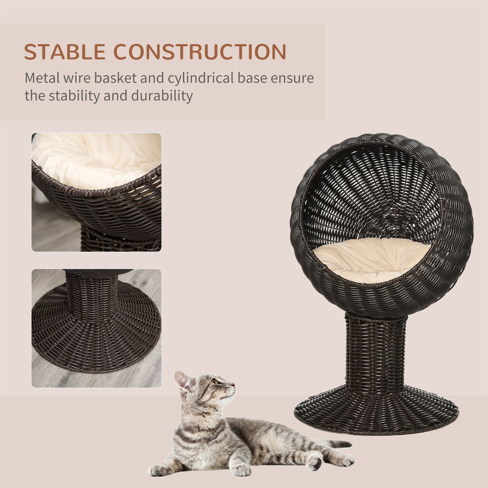 27-Inch Elevated Rattan Wicker Cat House Pet Bed With Cushion