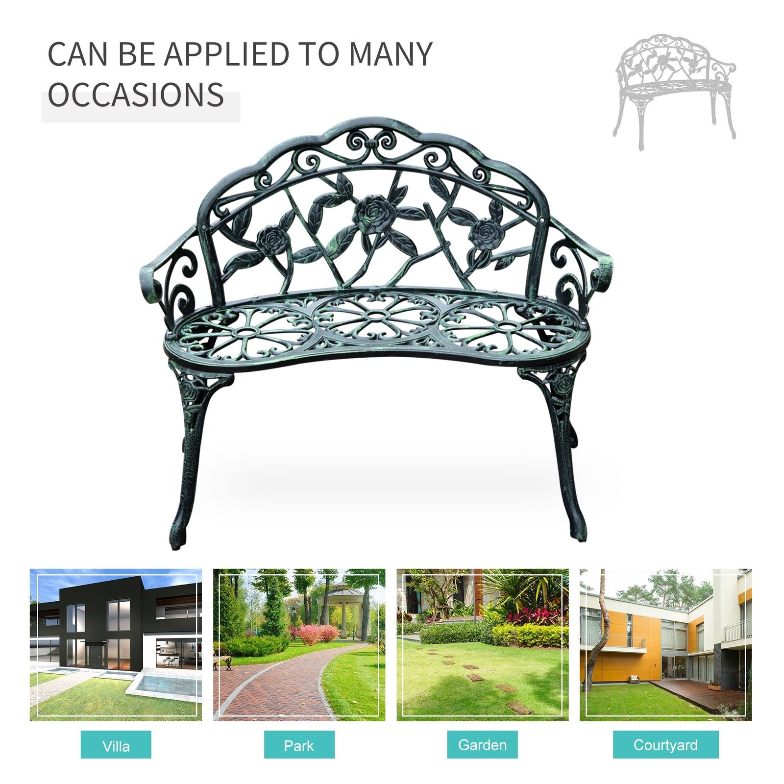 Cast Aluminum Outdoor Bench For Patio & Garden w/ Antique Rose Design