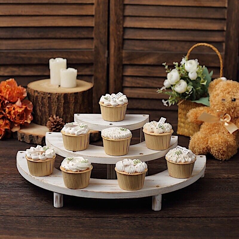 3 Tier Wooden Semicircle Cupcake Dessert Display Stand Whitewashed