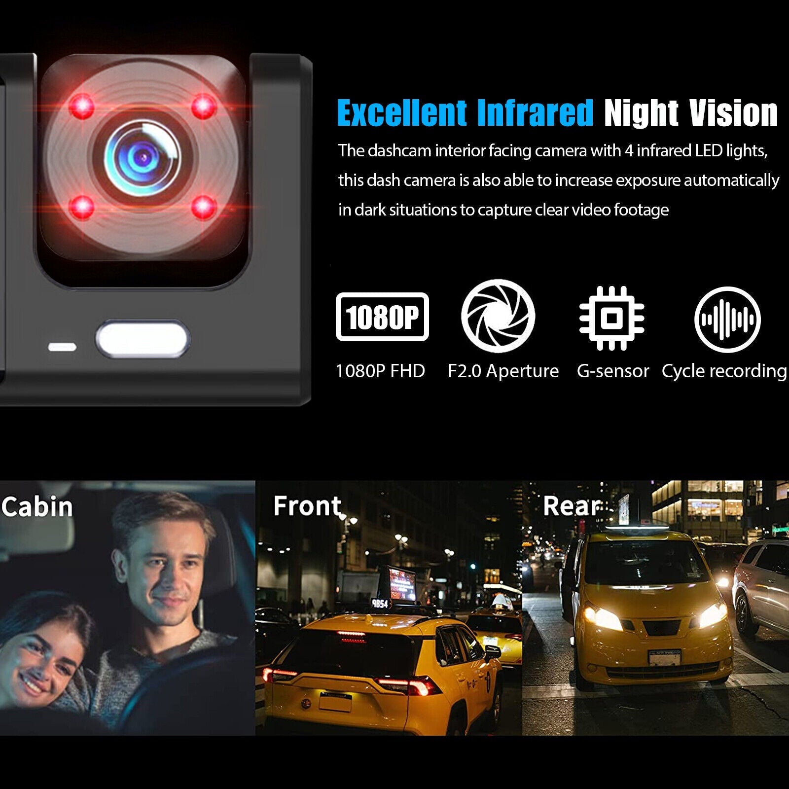 1080P Dual Lens HD Dash Cam For Card Front & Rear Recorder w/ G-Sensor