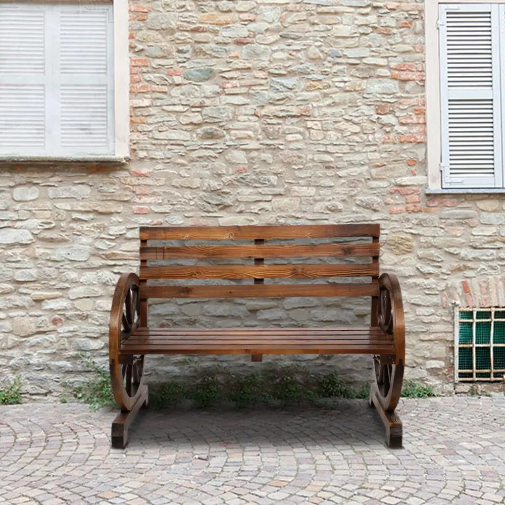 Rustic 2-Person Wooden Wagon Wheel Bench Garden Loveseat