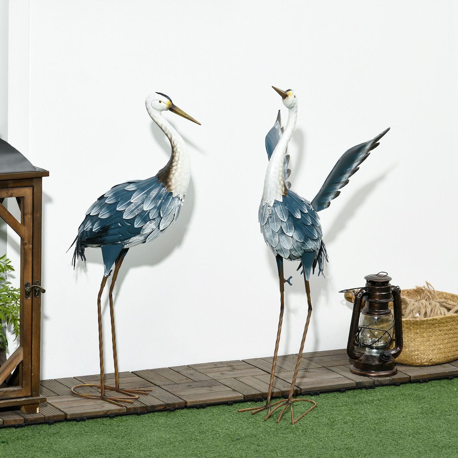 Blue Heron Garden Statues Set Metal Yard Bird Sculptures