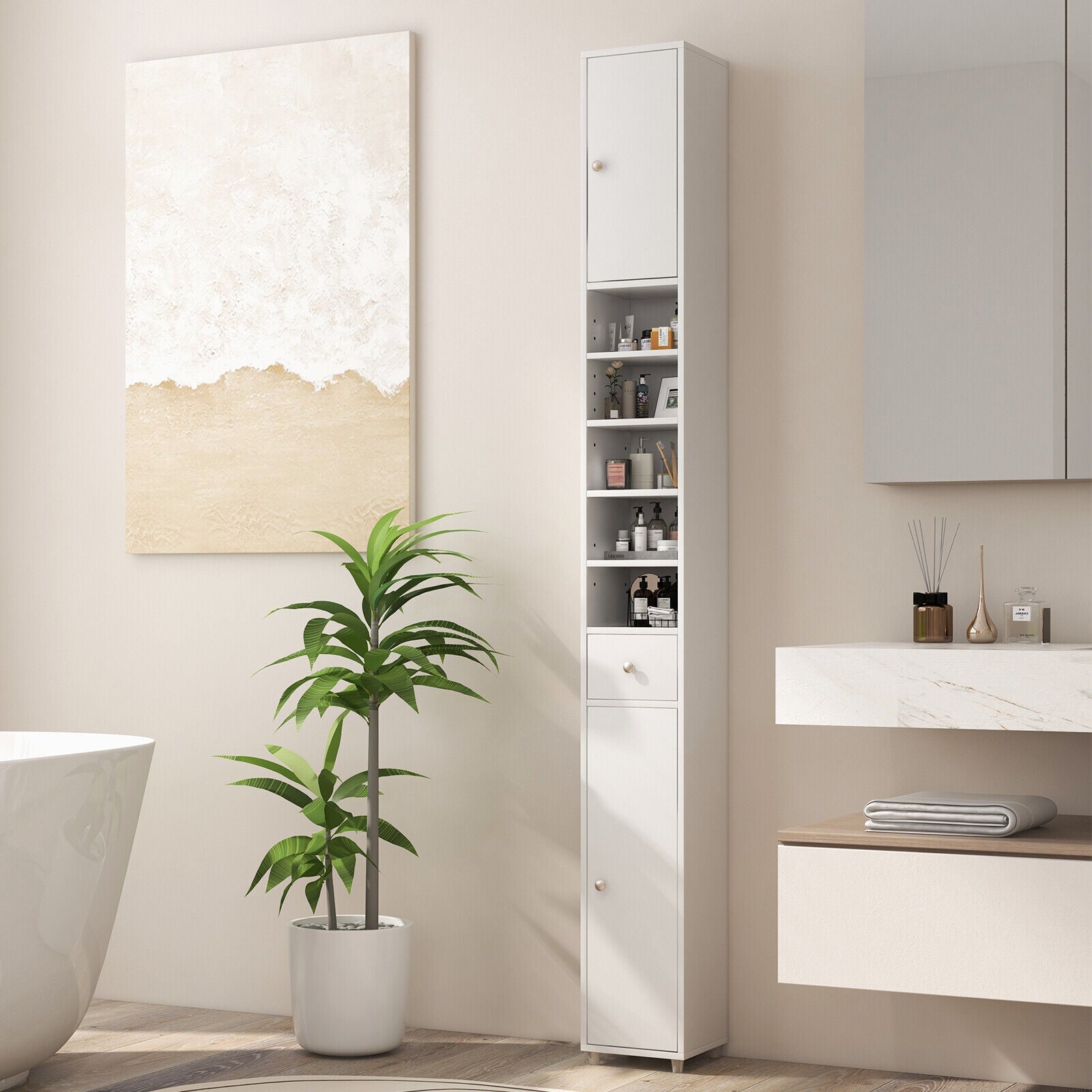Space-Saving Tall Bathroom Storage Cabinet with Drawer & Adjustable Shelves