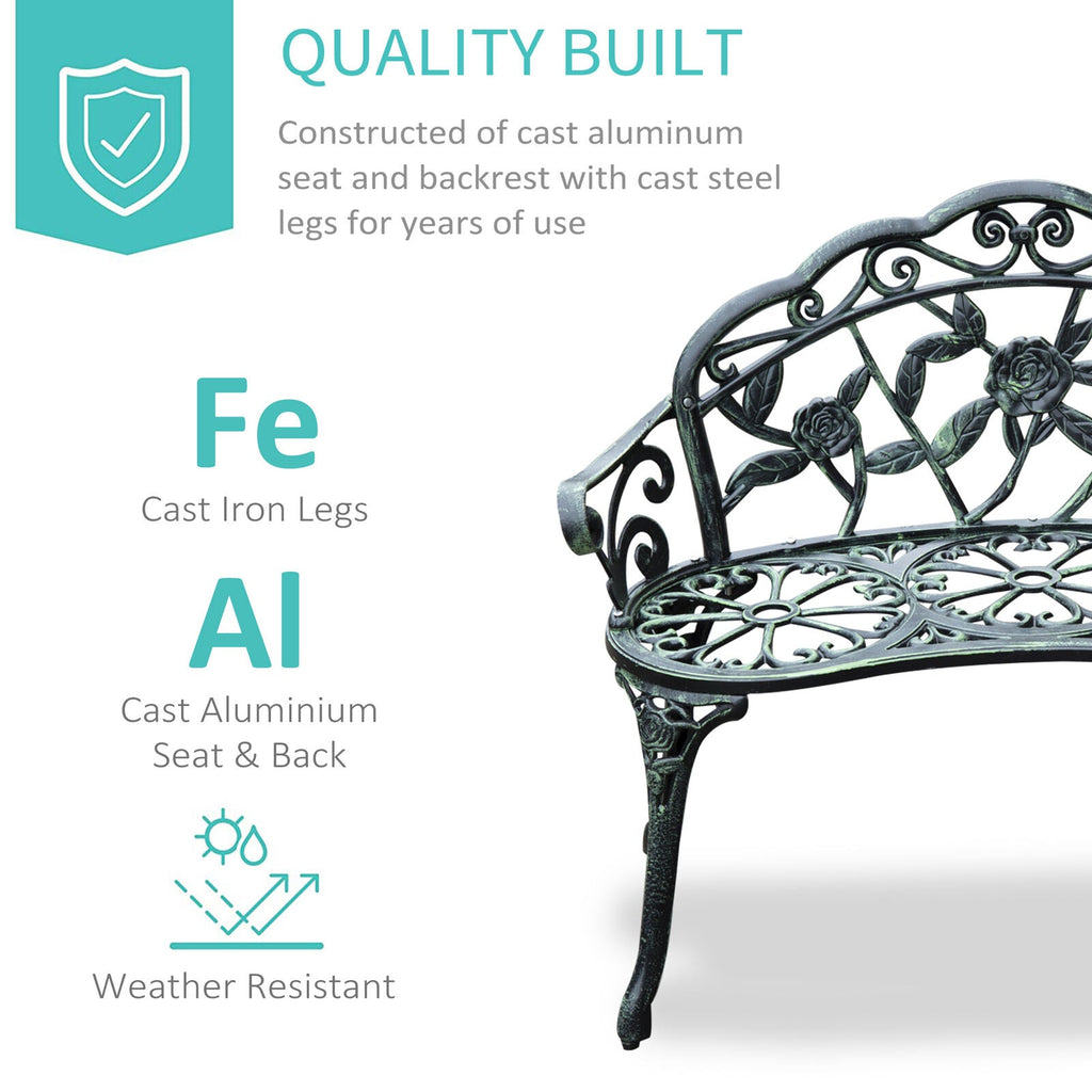 Cast Aluminum Outdoor Bench For Patio & Garden w/ Antique Rose Design