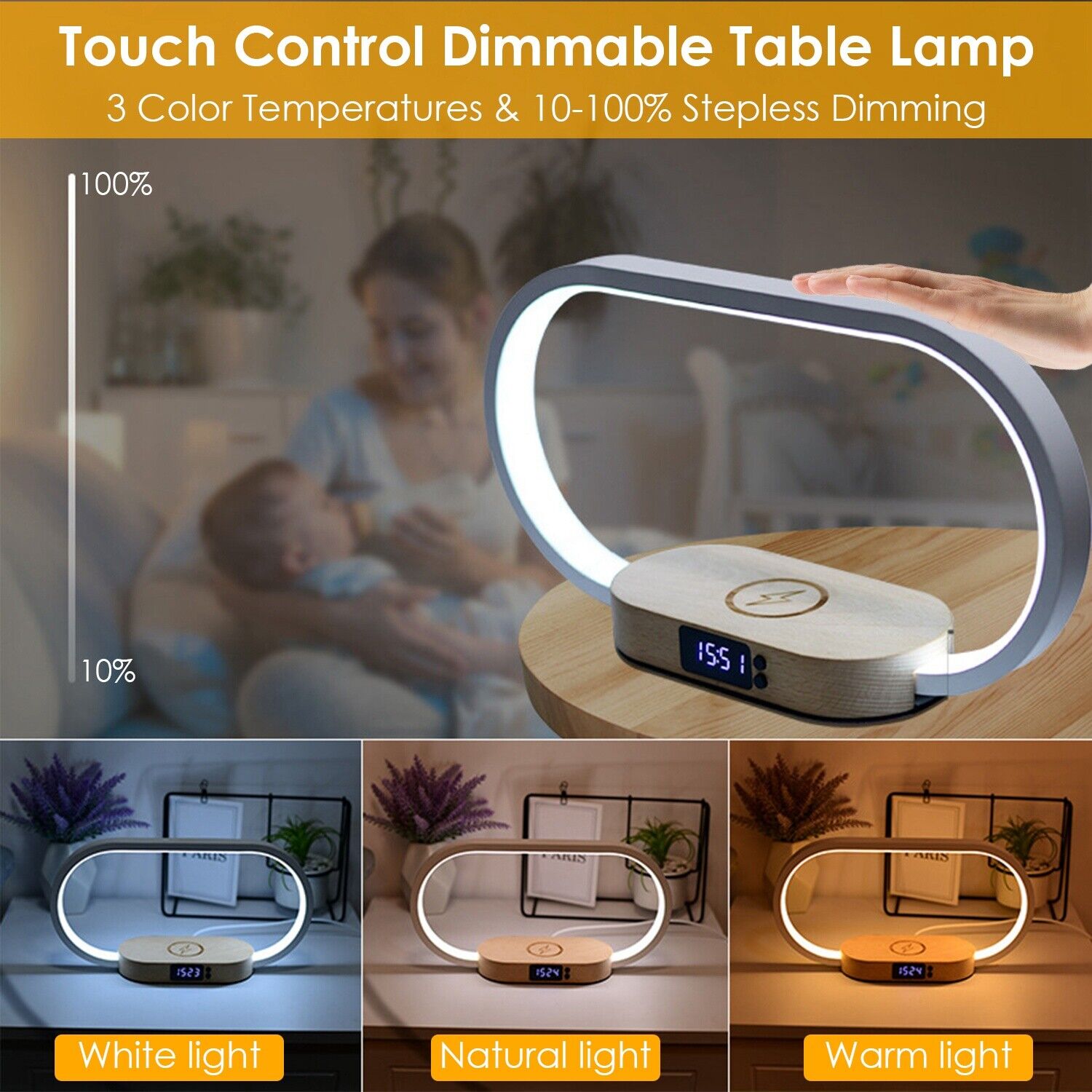 LED Bedside Lamp and Clock with USB Wireless Charger and Touch Control