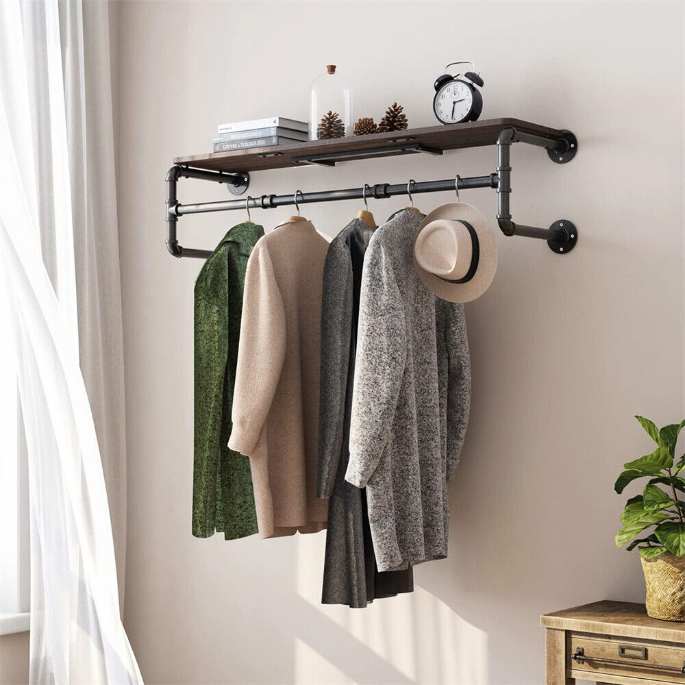 Wall Mounted Pipe Clothes Rack with Top Shelf