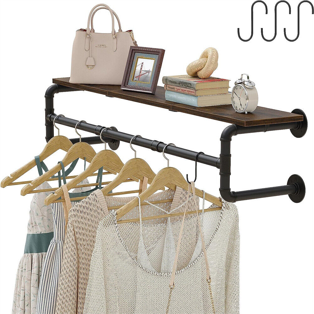 Wall Mounted Pipe Clothes Rack with Top Shelf