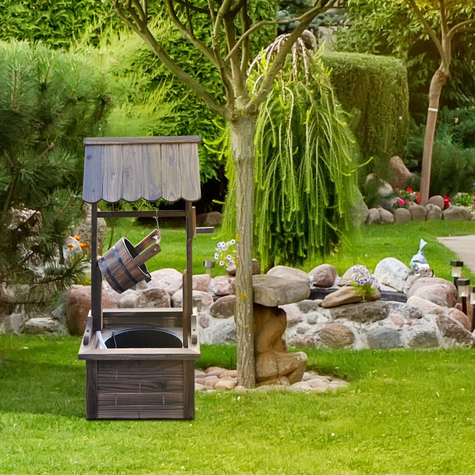 Wooden Wishing Well Outdoor Water Fountain With Pump For Garden & Yard