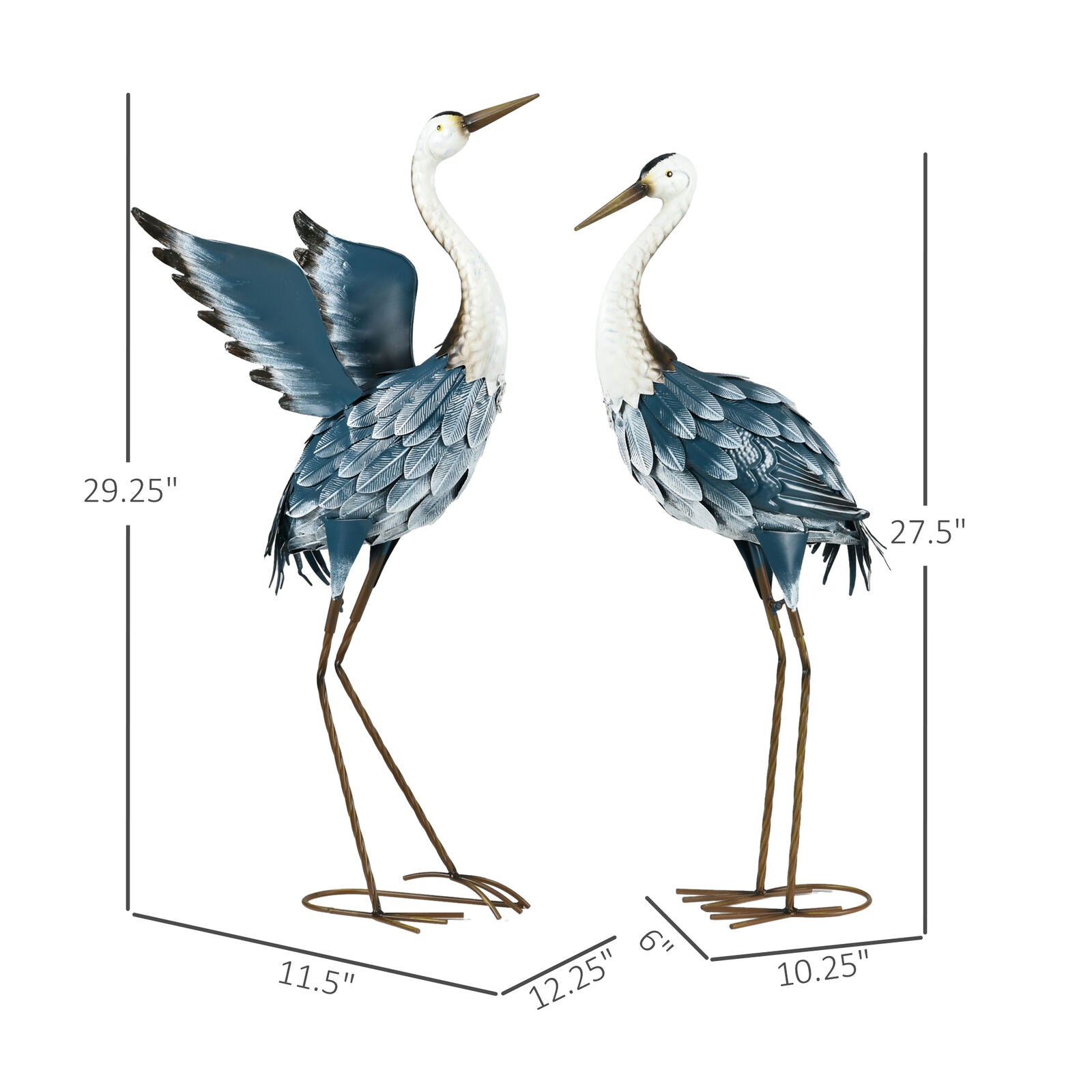 Blue Heron Garden Statues Set Metal Yard Bird Sculptures