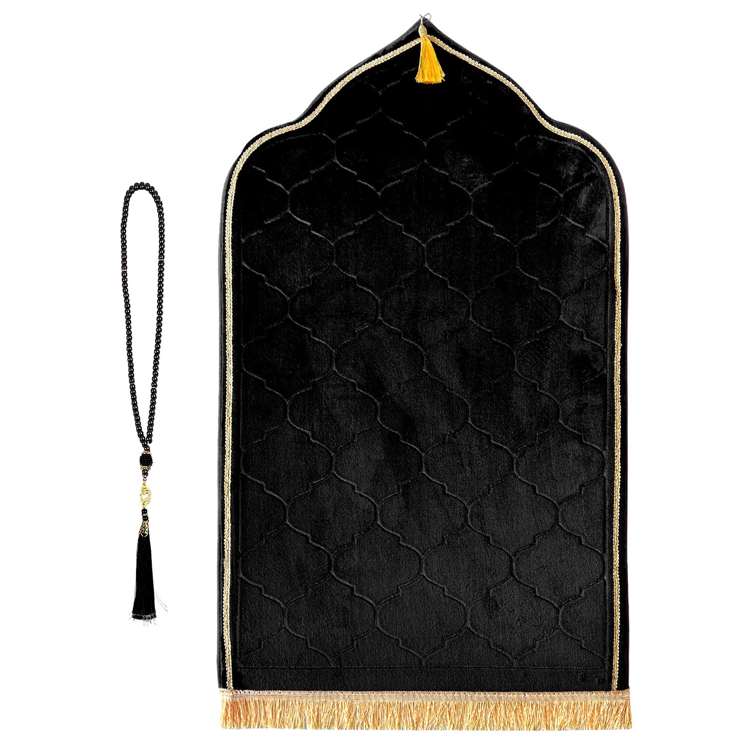 Prayer Mat Soft Flannel Islamic Rug with Tasbih Beads Turkish Style Travel Prayer Rug – Black