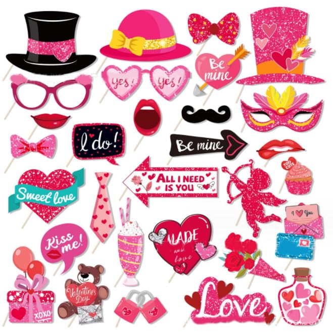 Dusenly 30pcs Valentine's Day Photo Booth Props Funny Selfie Props Kit for Valentines Engagement Wedding Photo Props Accessories
