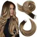 Moresoo Hair Tape in Extensions Brown Human Hair Extensions Tape in Real Dark Brown to Medium Brown with Platinum Blonde Hair Extensions Tape in Remy Hair Extensions #4/6/613 24inch 20Pcs 50G