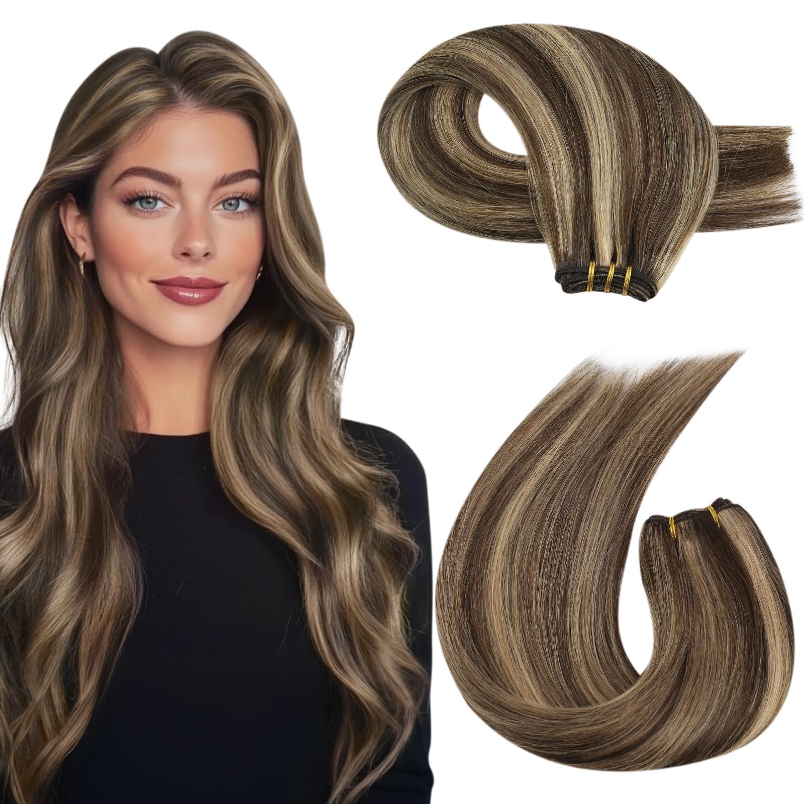 Moresoo Weft Hair Extensions Real Human Hair Sew in Extensions Dark Brown with Caramel Blonde Double Weft Human Hair Extensions 20 Inch 100g/Pack #P4/27