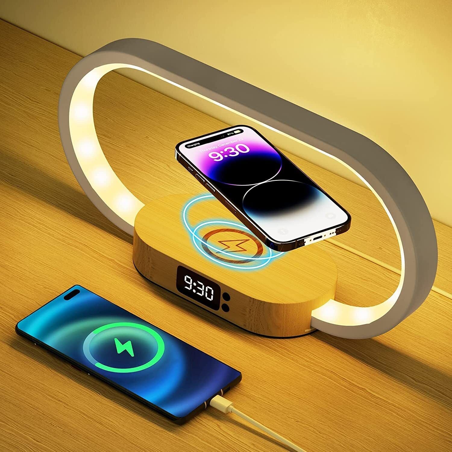 LED Bedside Lamp and Clock with USB Wireless Charger and Touch Control